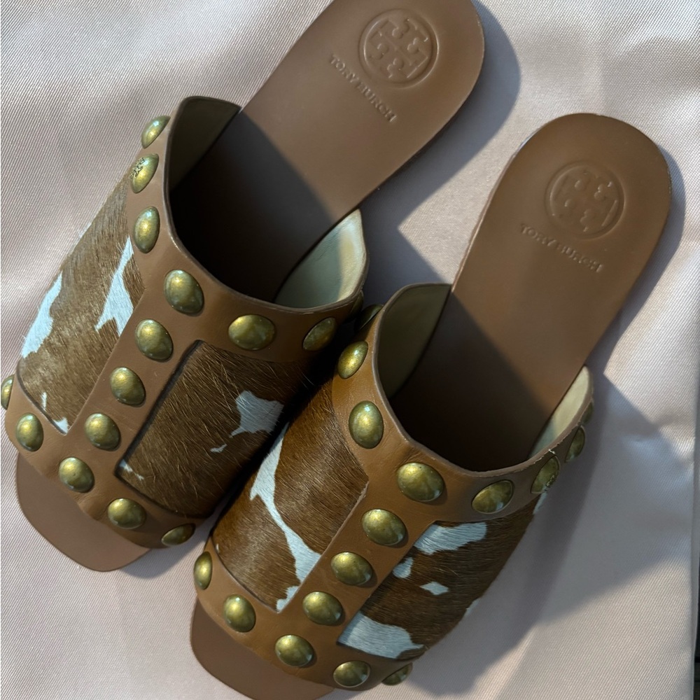 Tory Burch Brown and White Studded Slides - Picture 2 of 4